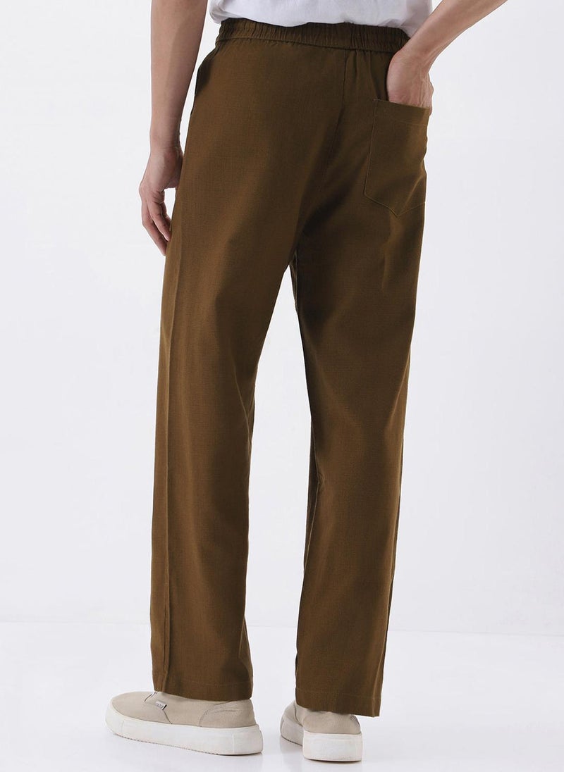 Urbano Fashion Men's Khaki Loose Fit Solid Linen Blend Trousers Non-Stretchable - Image 3
